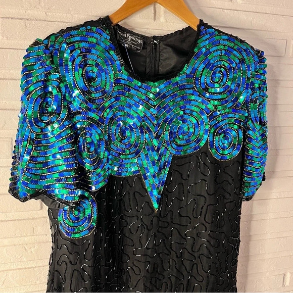 Royal Feelings Vintage Silk Black Sequins Beaded Short Sleeve Cocktail Blouse - Picture 3 of 7